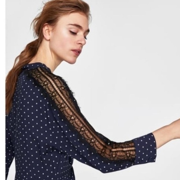 Zara Basic Womens Navy Blue Polka Dot Long Sleeve Lace Trim Dress - Picture 3 of 9